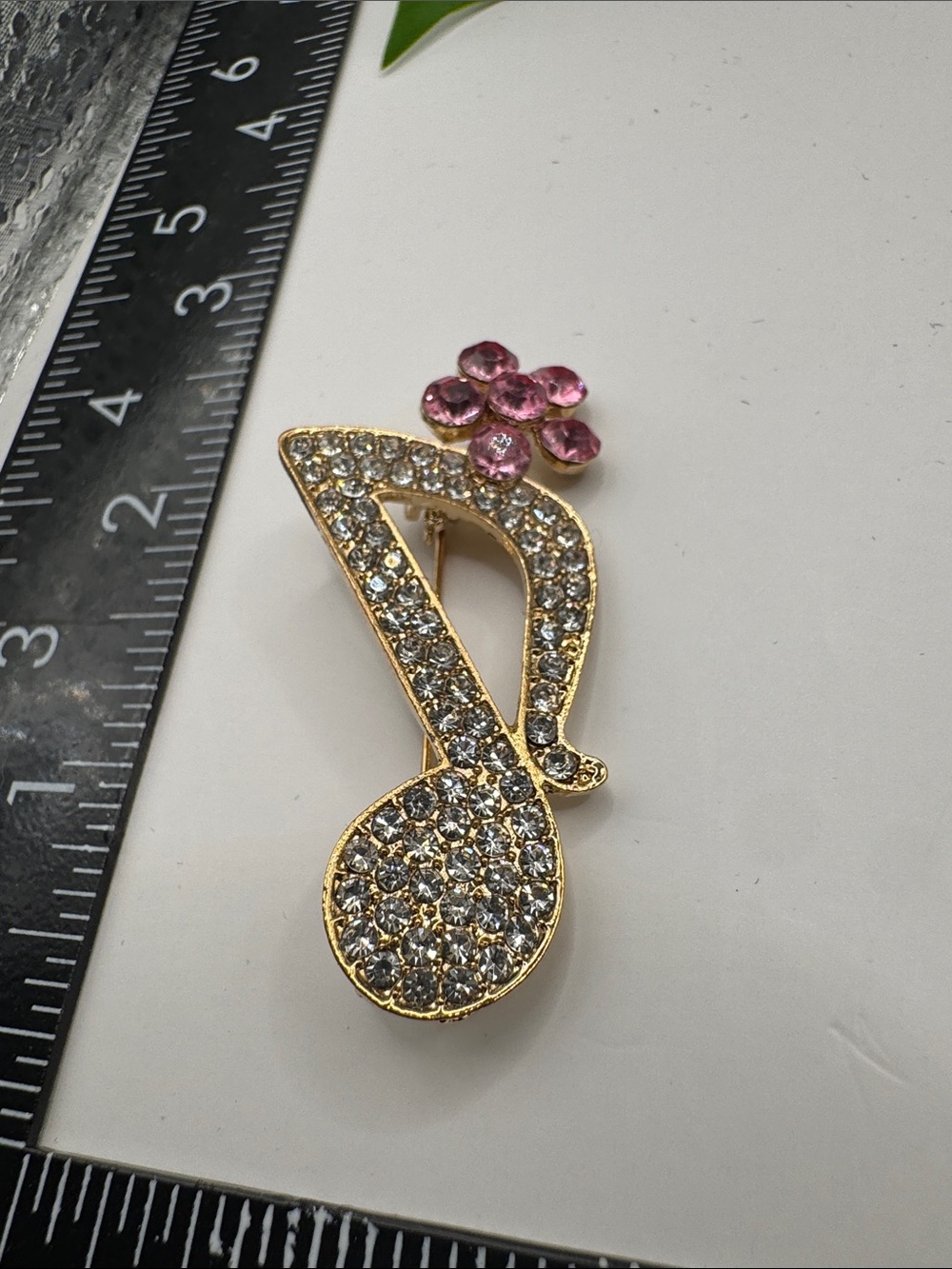 6/$25 - Rhinestone Musical Note Brooch with Pink Flower (BR-12-12/4) - Picture 3 of 6